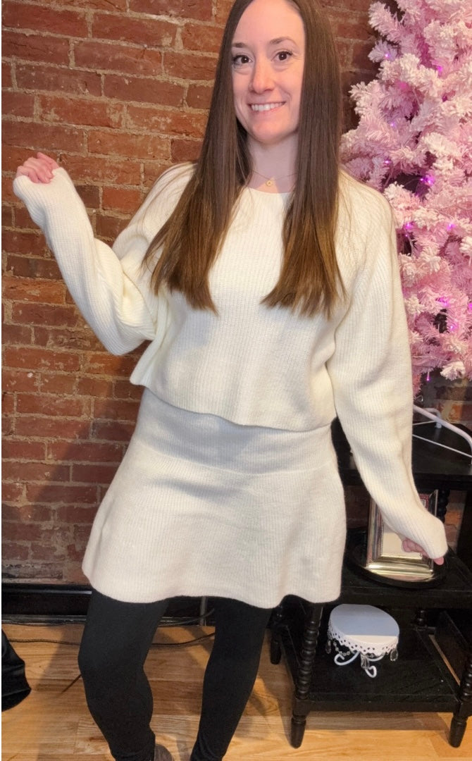 White Two Piece Sweater and Ribbed-Knit Skirt Set