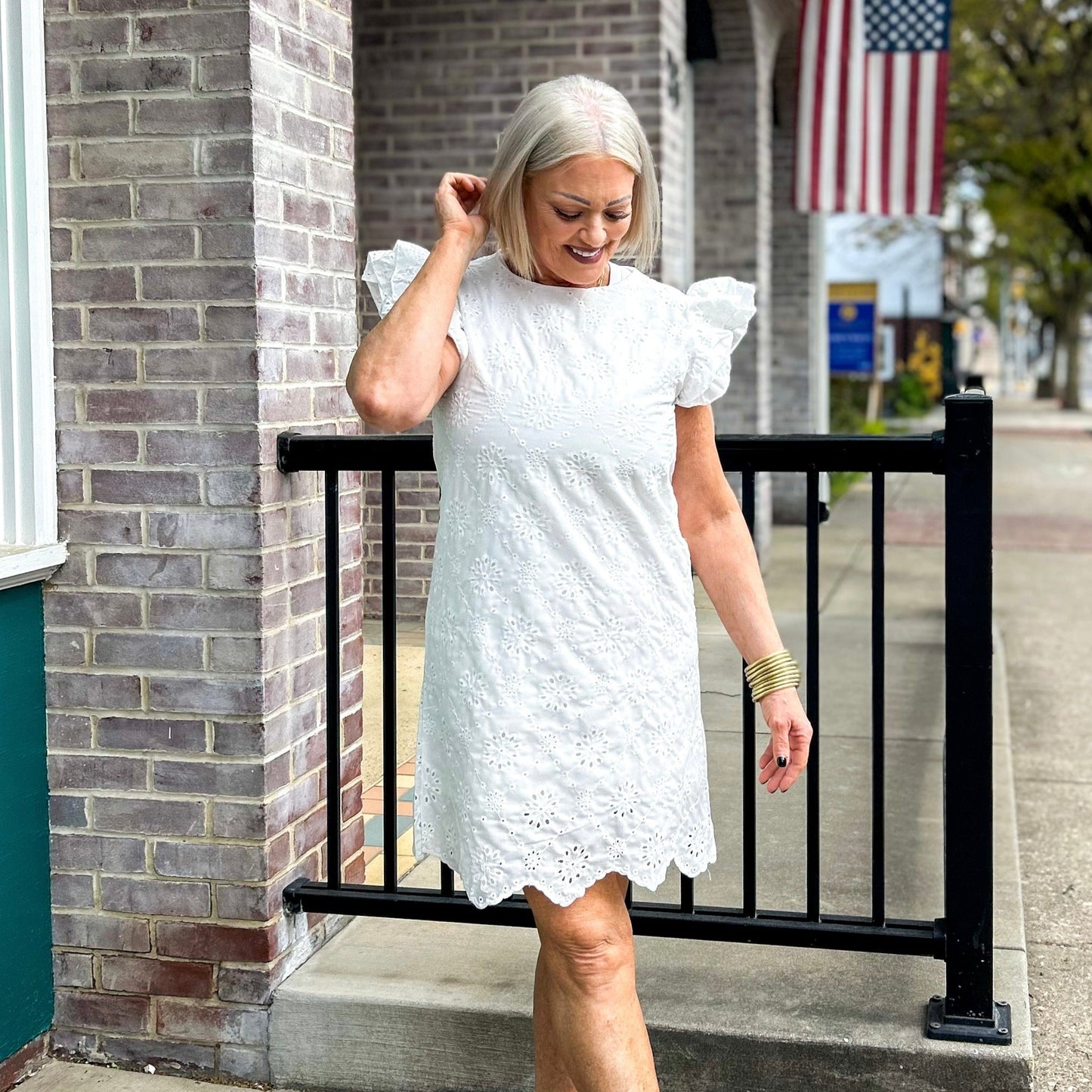 White Eyelet Mini Stress with Ruffle Sleeve