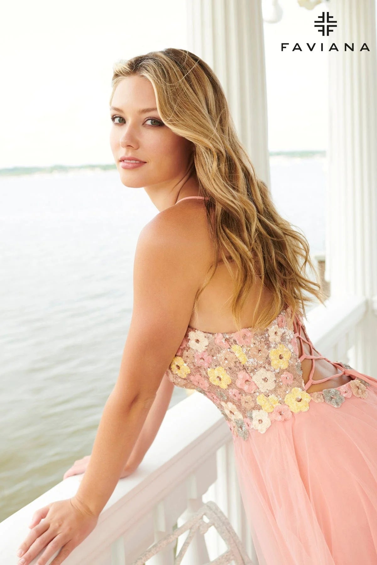 Pink V-Neck Floral Sequin Prom Dress With Flowy Tulle Skirt