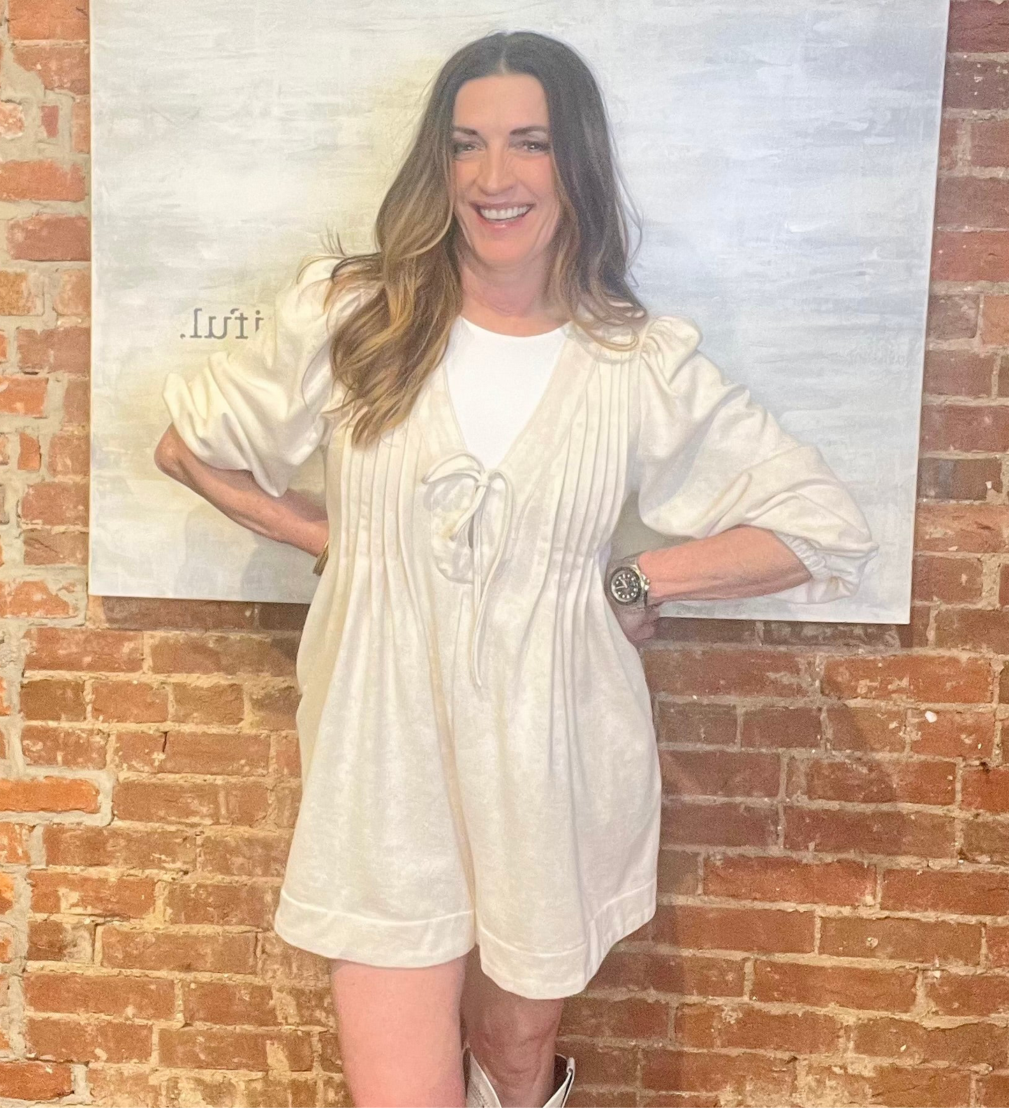 Cream Long Sleeve Romper Dress with Pockets