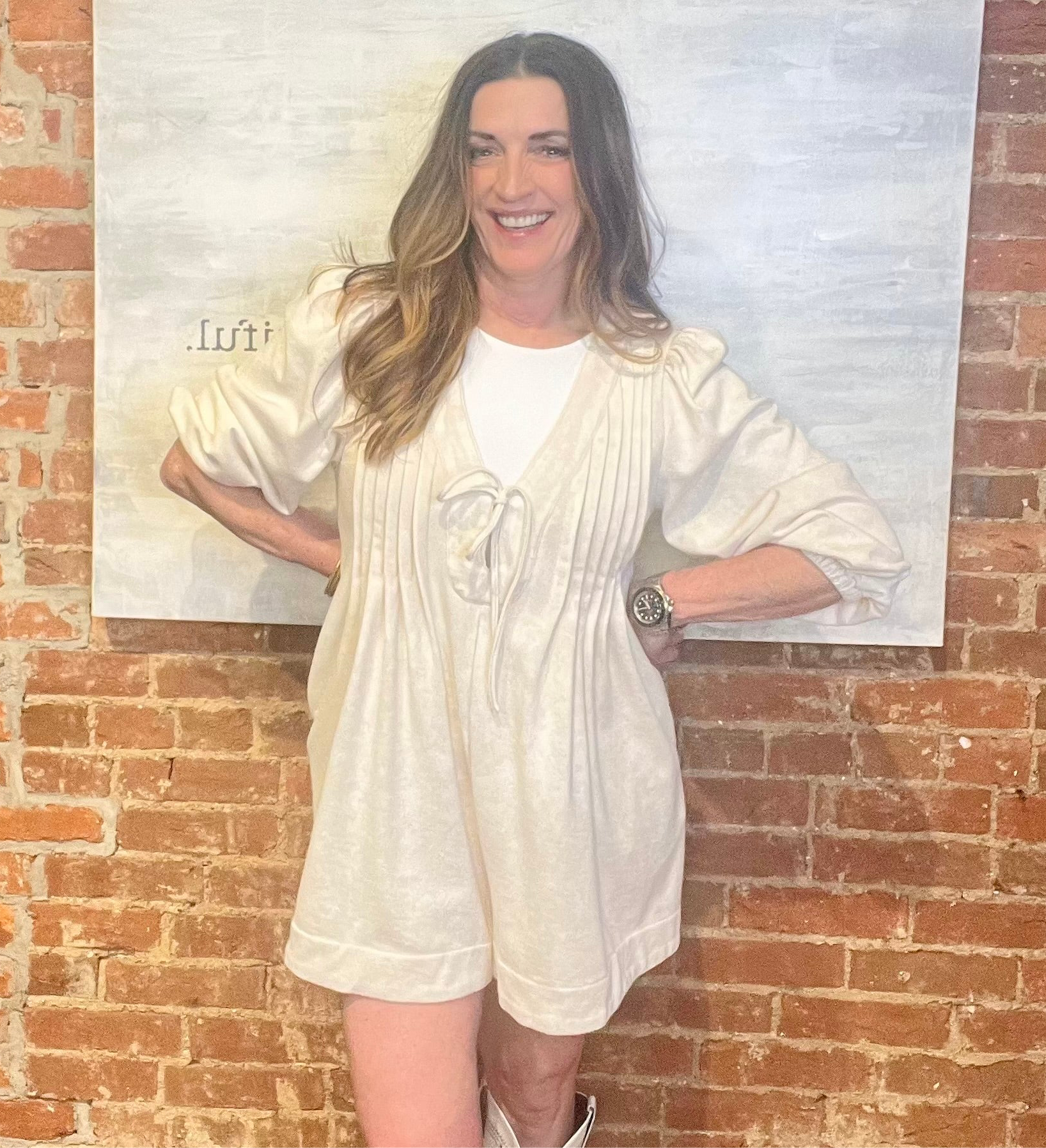 Cream Long Sleeve Romper Dress with Pockets