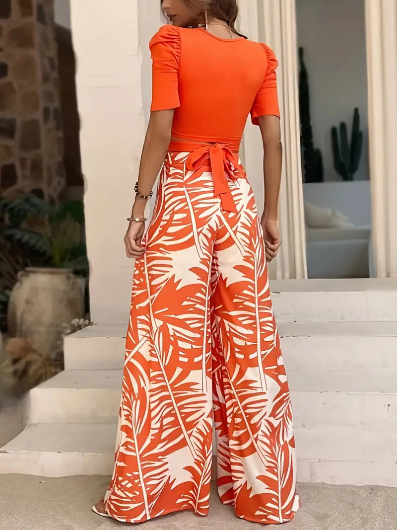 Orange Leaf Print Wide Leg Pants