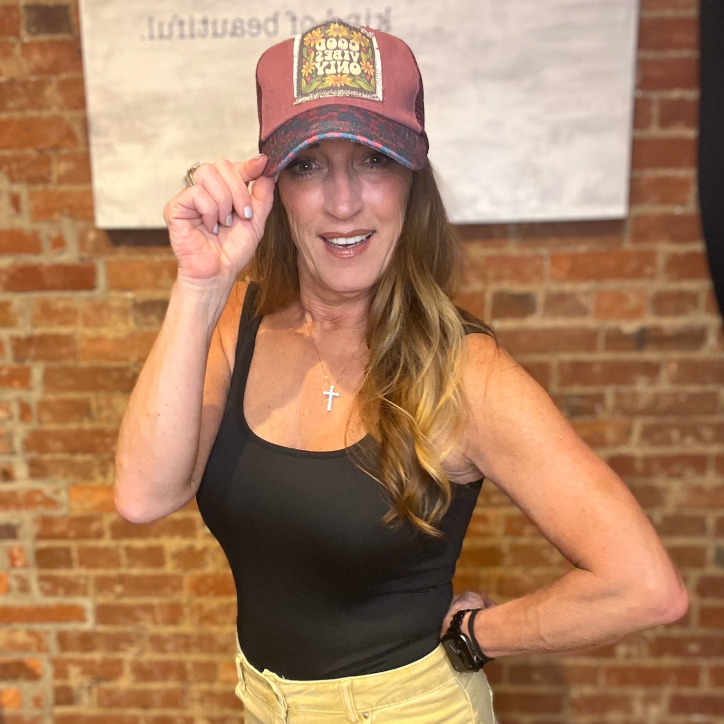 Maroon and Floral Good Vibes Only Natural Life Trucker Hat
