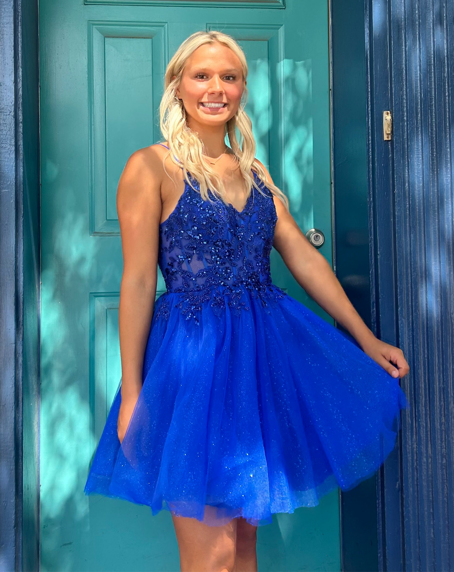 Royal Blue Glitter Tulle A-Line and Beaded Sheer Bodice Short Dress
