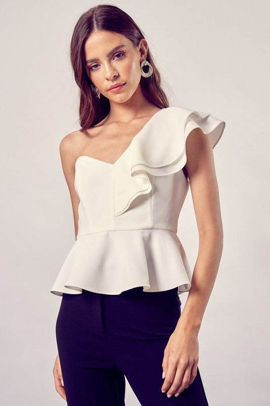 White Asymmetrical One Shoulder Top with Ruffle Detailing
