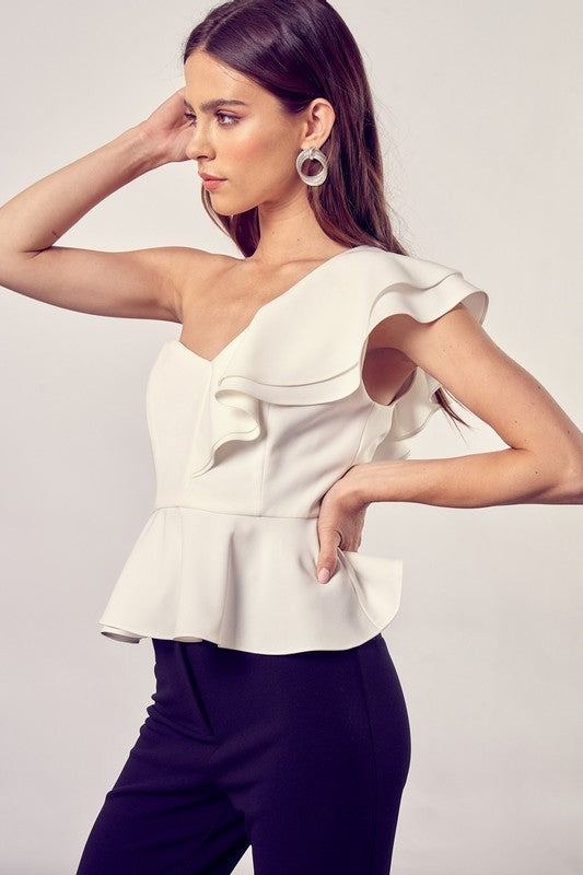 White Asymmetrical One Shoulder Top with Ruffle Detailing