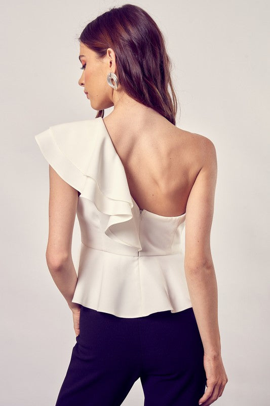 White Asymmetrical One Shoulder Top with Ruffle Detailing