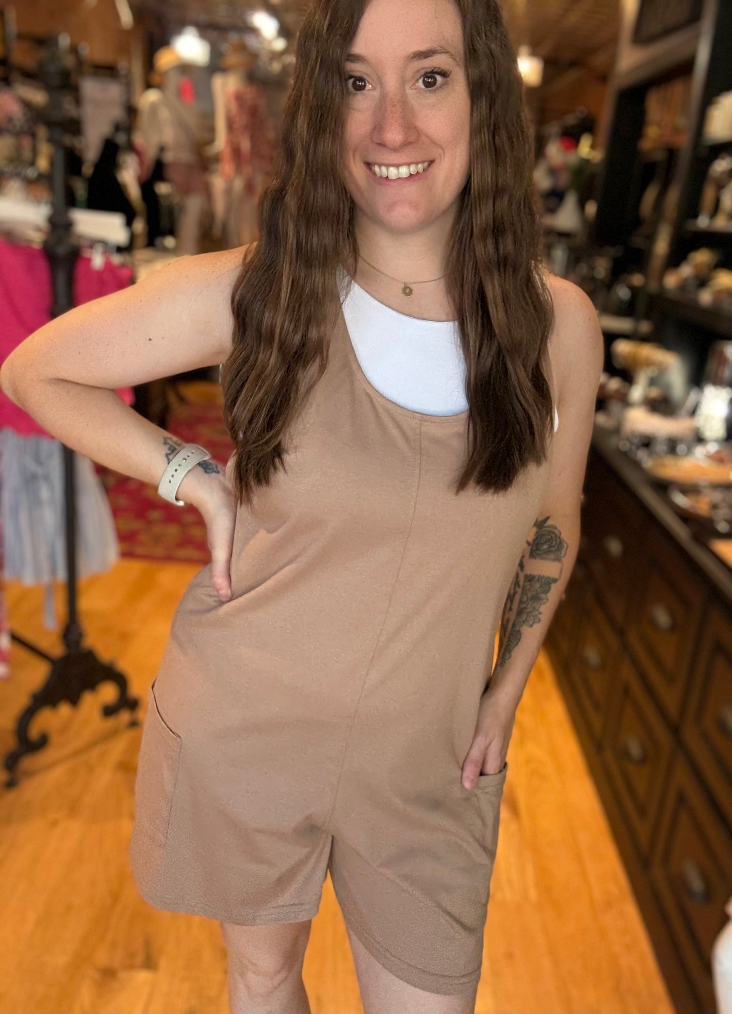 Tan Solid Color Casual Backless Sleeveless Romper