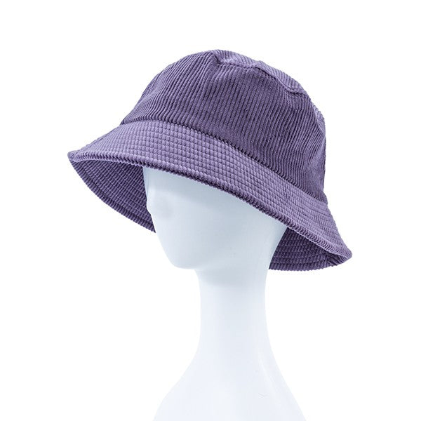 Purple bucket hat on a mannequin head against a white background