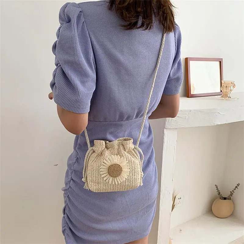Creamy White or Khaki Straw Crossbody Bag with Flower Detail
