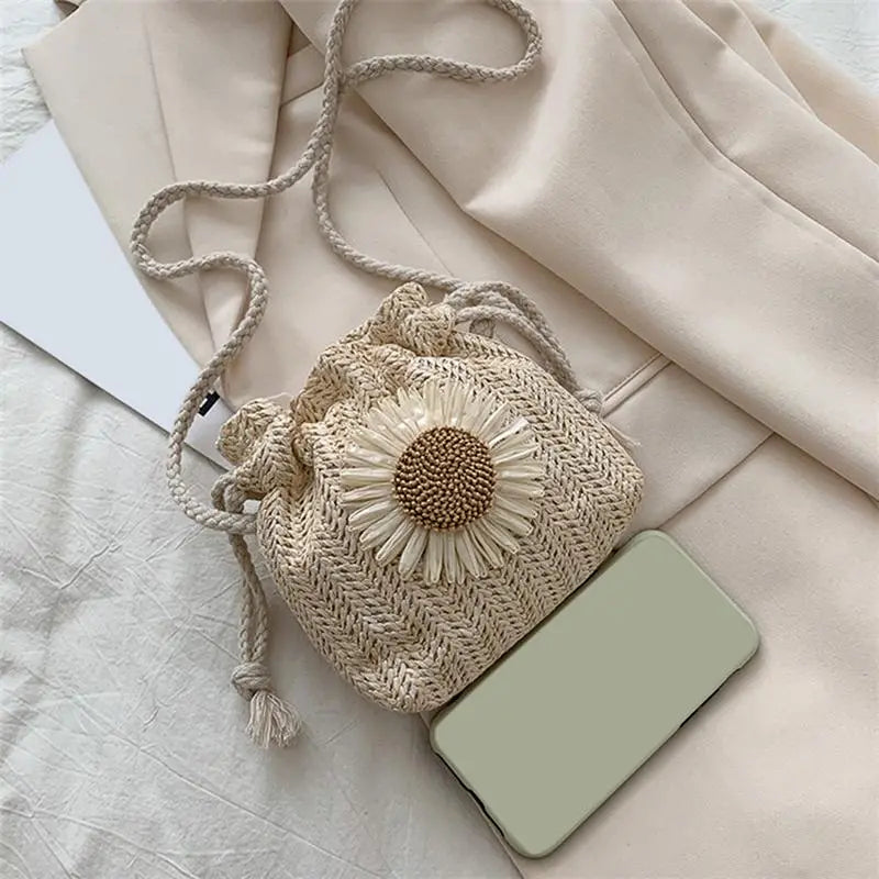 Creamy White Straw Crossbody Bag with Flower Detail