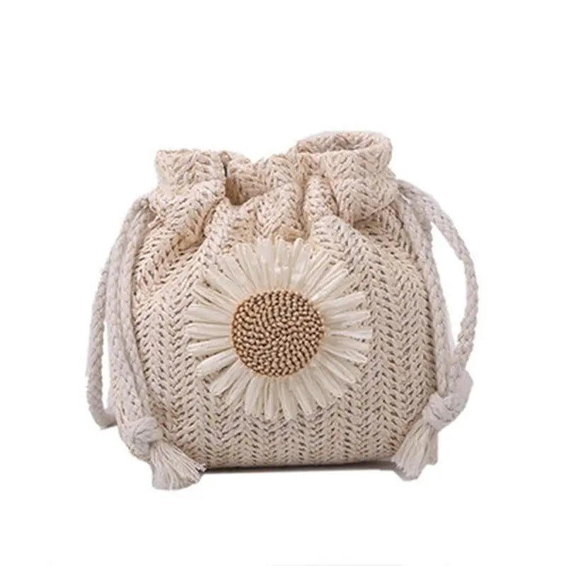 Creamy White Straw Crossbody Bag with Flower Detail