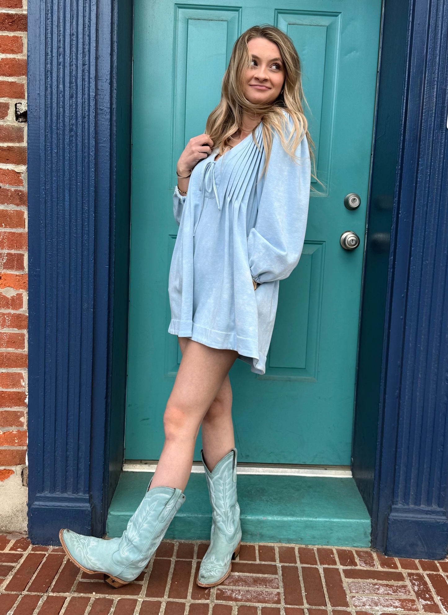 Powder Blue Long Sleeve Romper Dress with Pockets