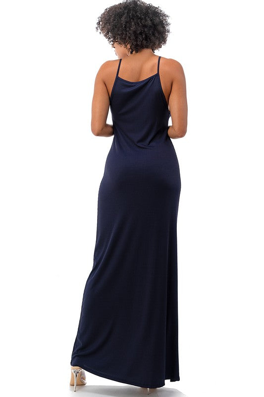 Navy Maxi Strap Knit Stretch Dress 92% Polyester 8% Spandex Easy Wear Floor Length