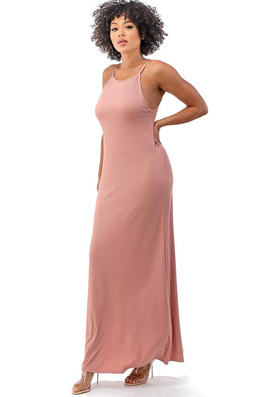 Pink Maxi Strap Knit Stretch Dress 92% Polyester 8% Spandex Easy Wear Floor Length