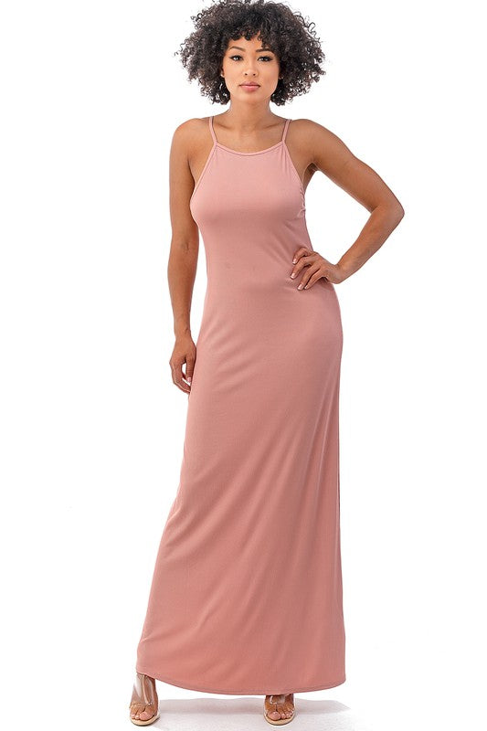 Pink Maxi Strap Knit Stretch Dress 92% Polyester 8% Spandex Easy Wear Floor Length