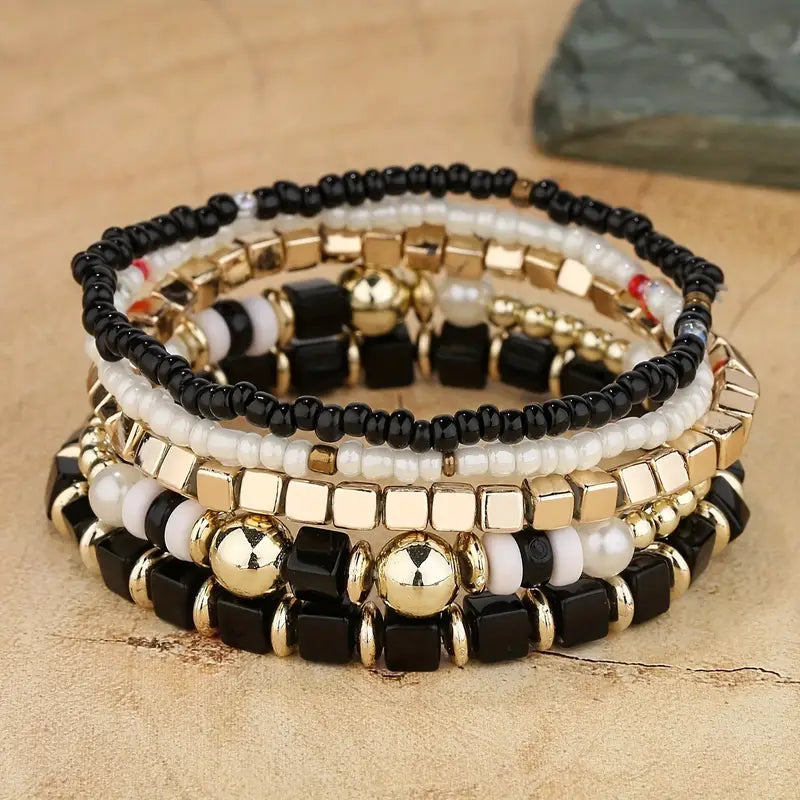 Black 5 Piece Beaded Bracelet Set