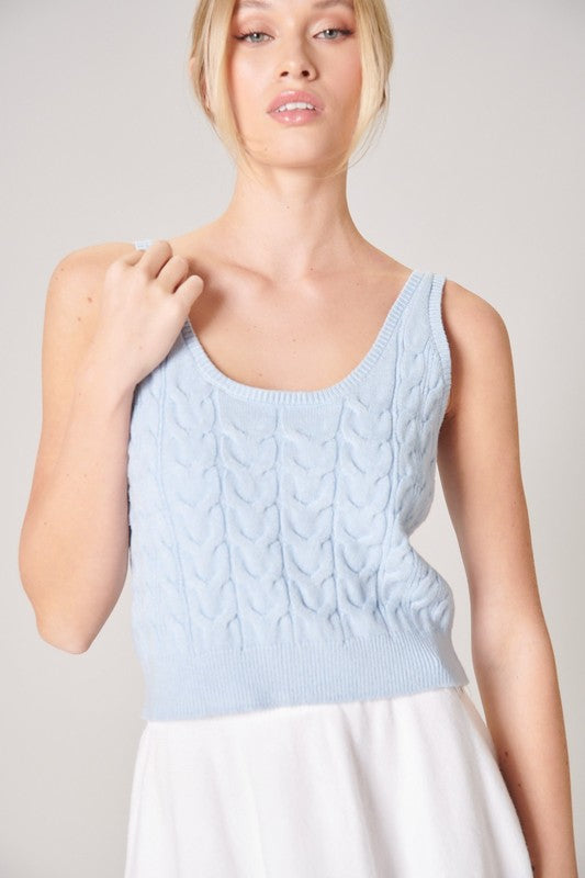 Light Blue Cable Knit Tank Top Boxy Fit with a Scoop Neckline and Cropped Fit.