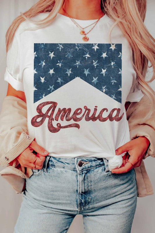 America Graphic Tee Blue and White Starts with America Lettering in Red