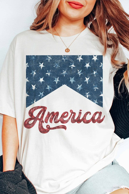 America Graphic Tee Blue and White Starts with America Lettering in Red