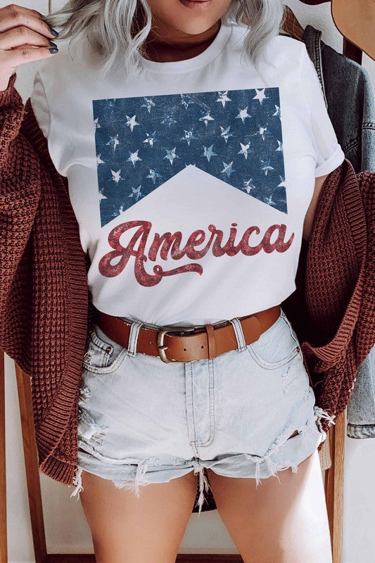 America Graphic Tee Blue and White Starts with America Lettering in Red