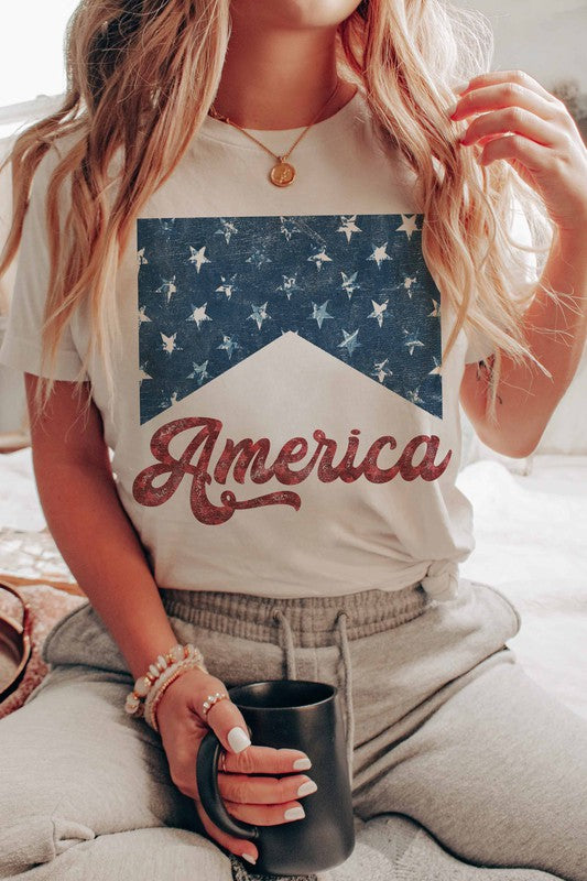 America Graphic Tee Blue and White Starts with America Lettering in Red
