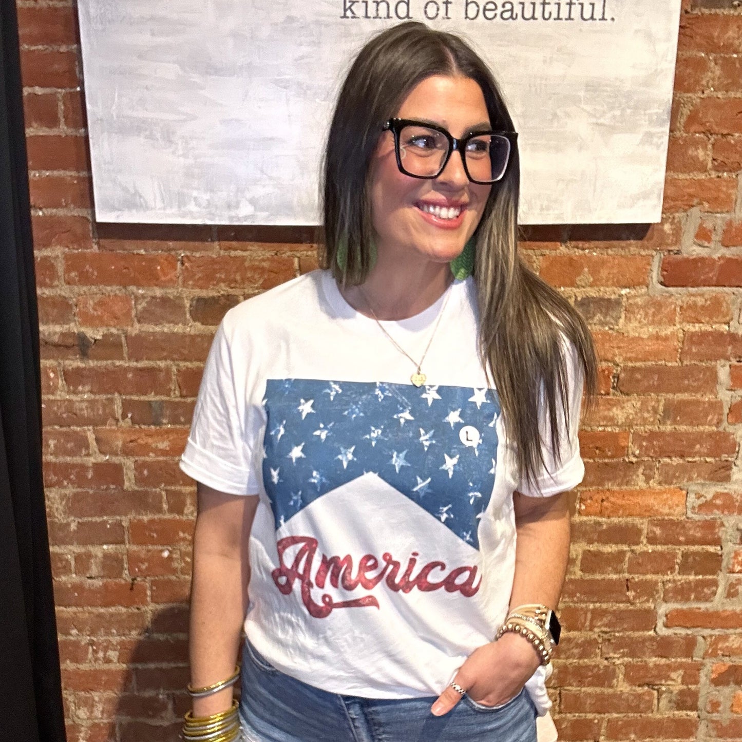 America Graphic Tee Blue and White Starts with America Lettering in Red