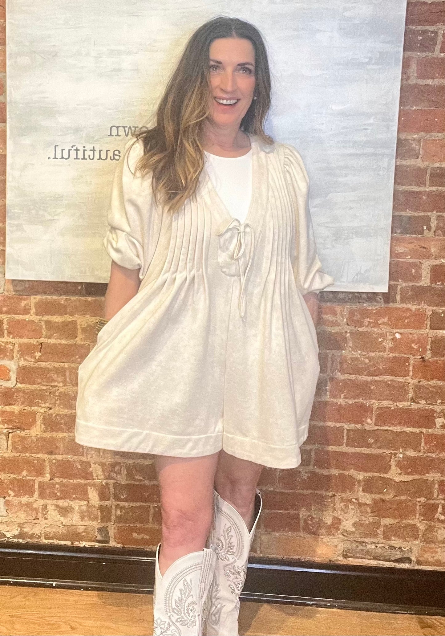 Cream Long Sleeve Romper Dress with Pockets