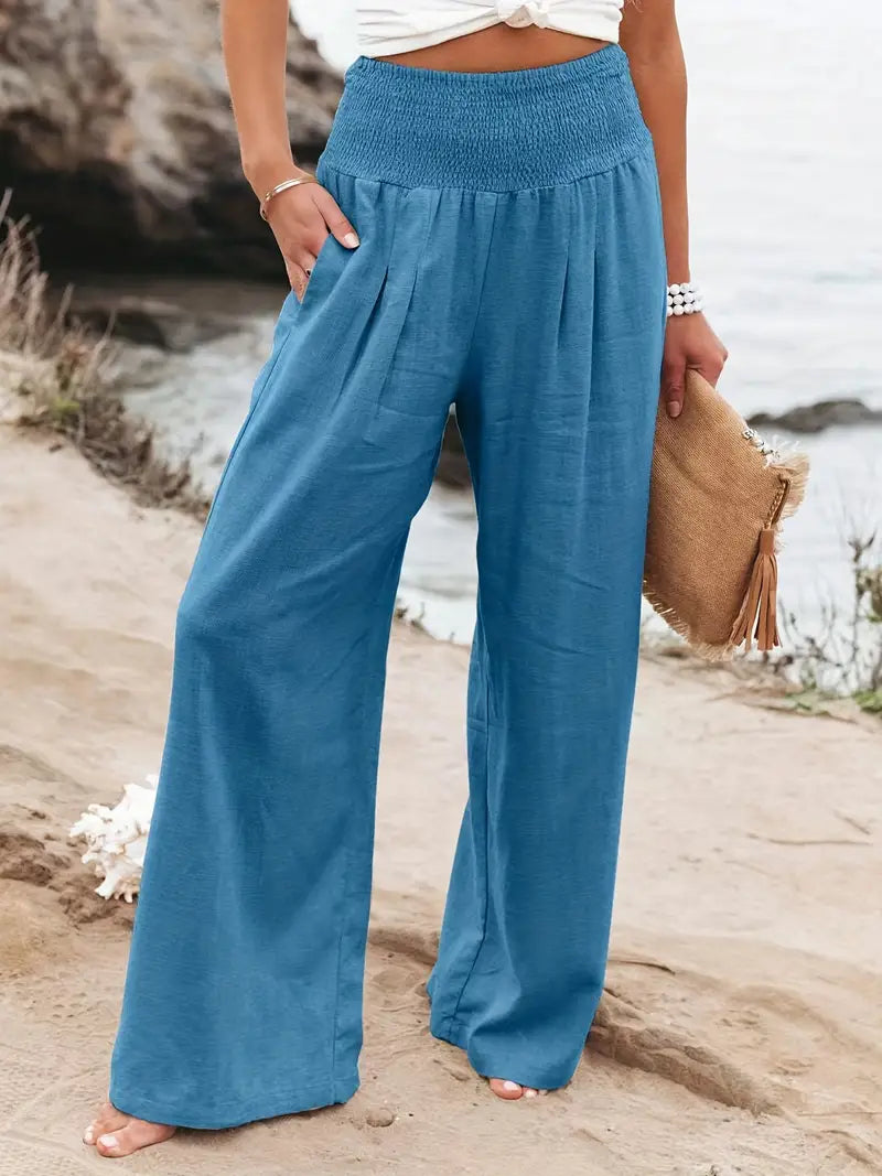 Sea Blue Wide Leg Linen Pants with Pockets