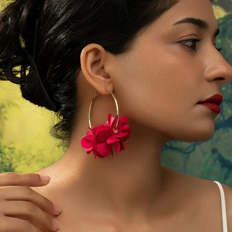 Gold Flower Hoop Earrings with Red Flowers
