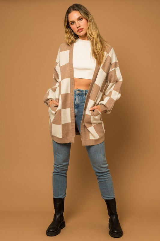 Taupe-White Checkered Long Cardigan