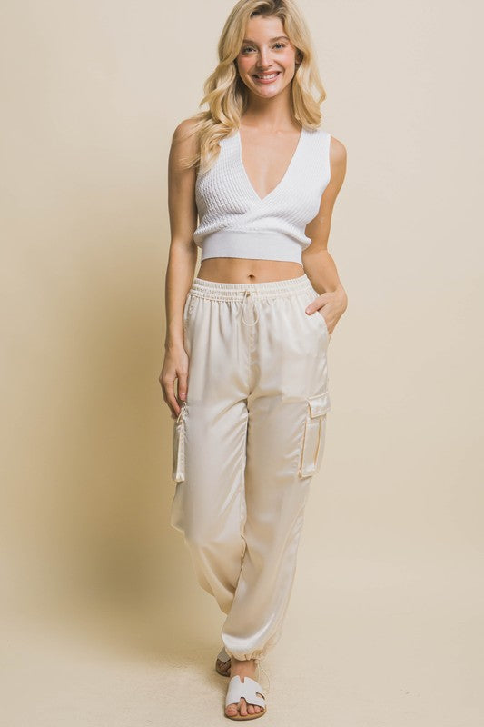 Cream Satin Full Length Pants with Elastic Waistband