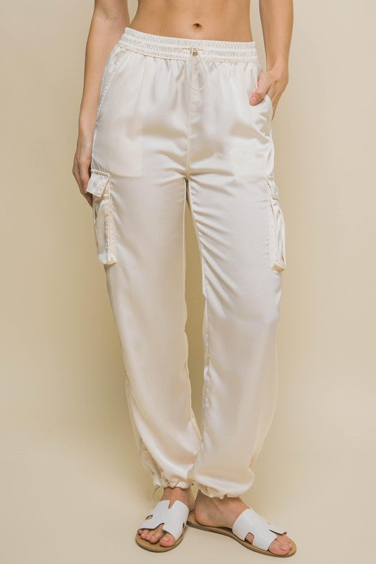 Cream Satin Full Length Pants with Elastic Waistband