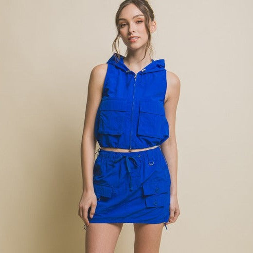 Blue Sleeveless Cargo Vest with Front Pockets and Hood