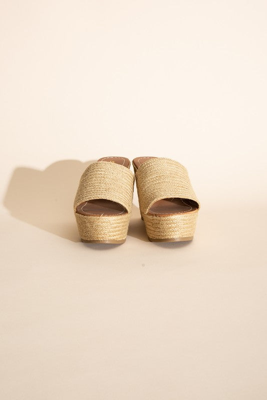 Tan Synthetic Raffia Wedge Platform Heel