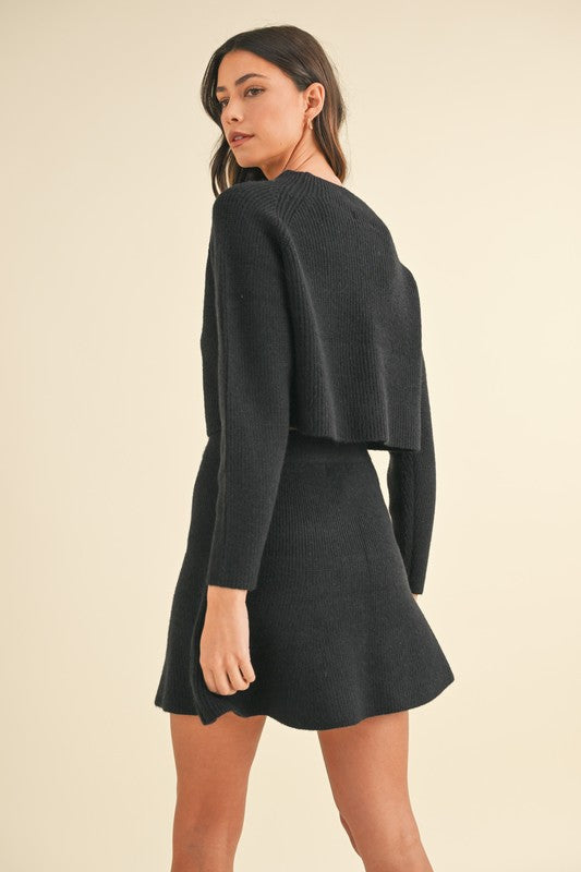 Black Long Sleeve Ribbed Sweater Shirt and Mini Skirt Set