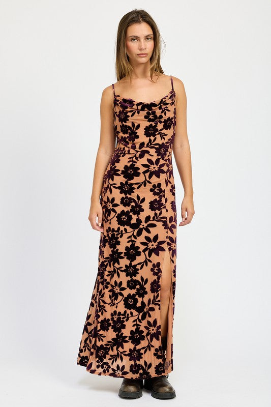 Woman wearing a floral dress on a white background