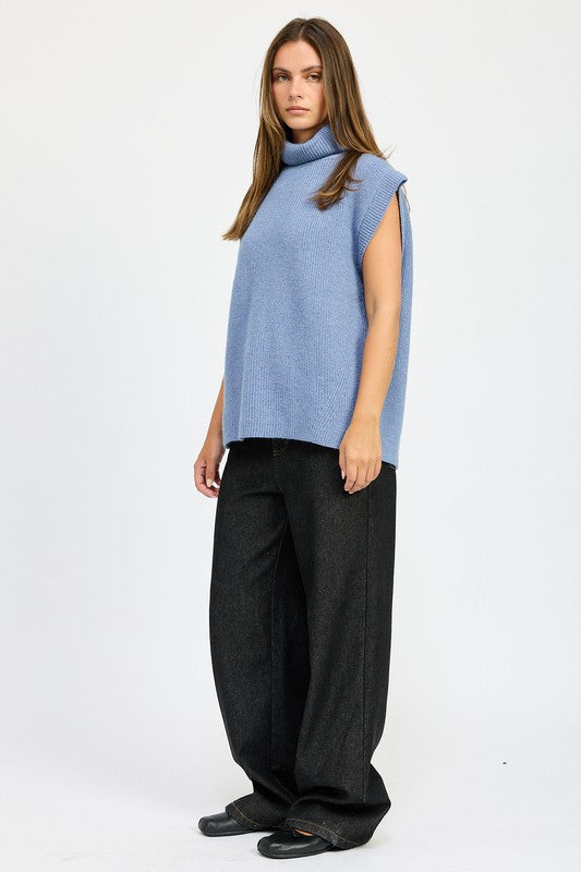 Blue Sleeveless Turtleneck Top with Split Back