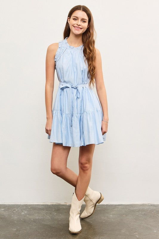Light Blue Ruffle Edge Shirred Sleeveless Dress with Belt Tie