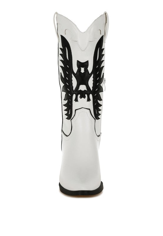 White boot with black eagle design on a white background