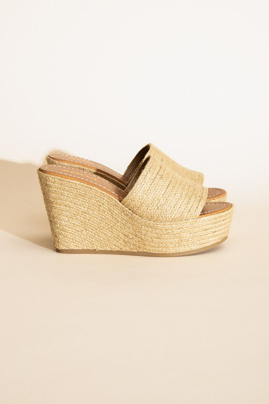 Tan Synthetic Raffia Wedge Platform Heel