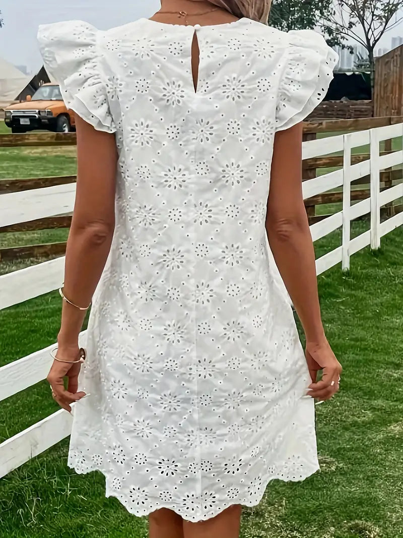 White Eyelet Mini Stress with Ruffle Sleeve