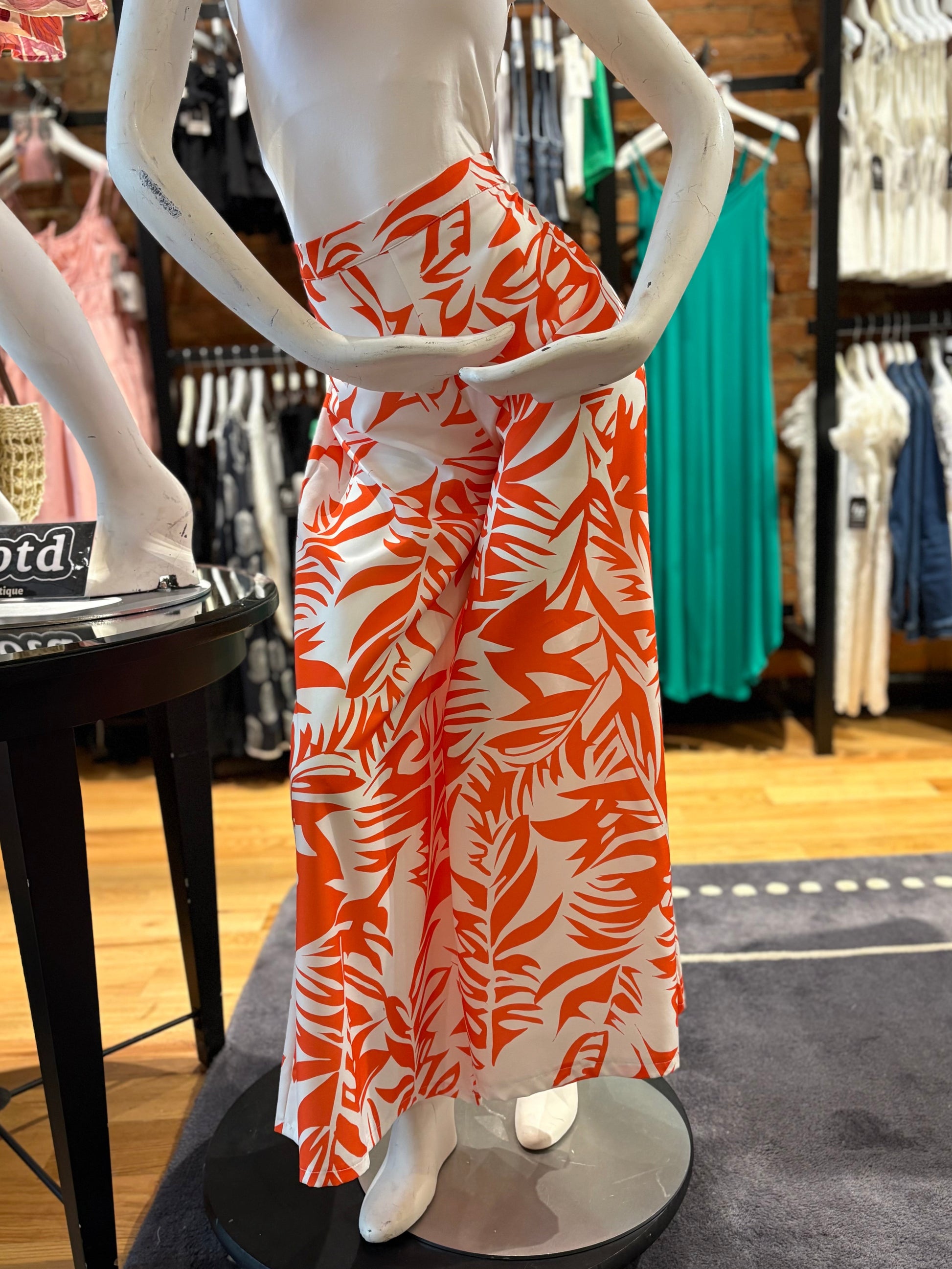 Orange Leaf Print Wide Leg Pants