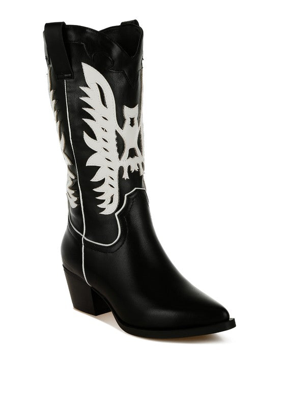 Black cowboy boot with a white eagle design on a white background