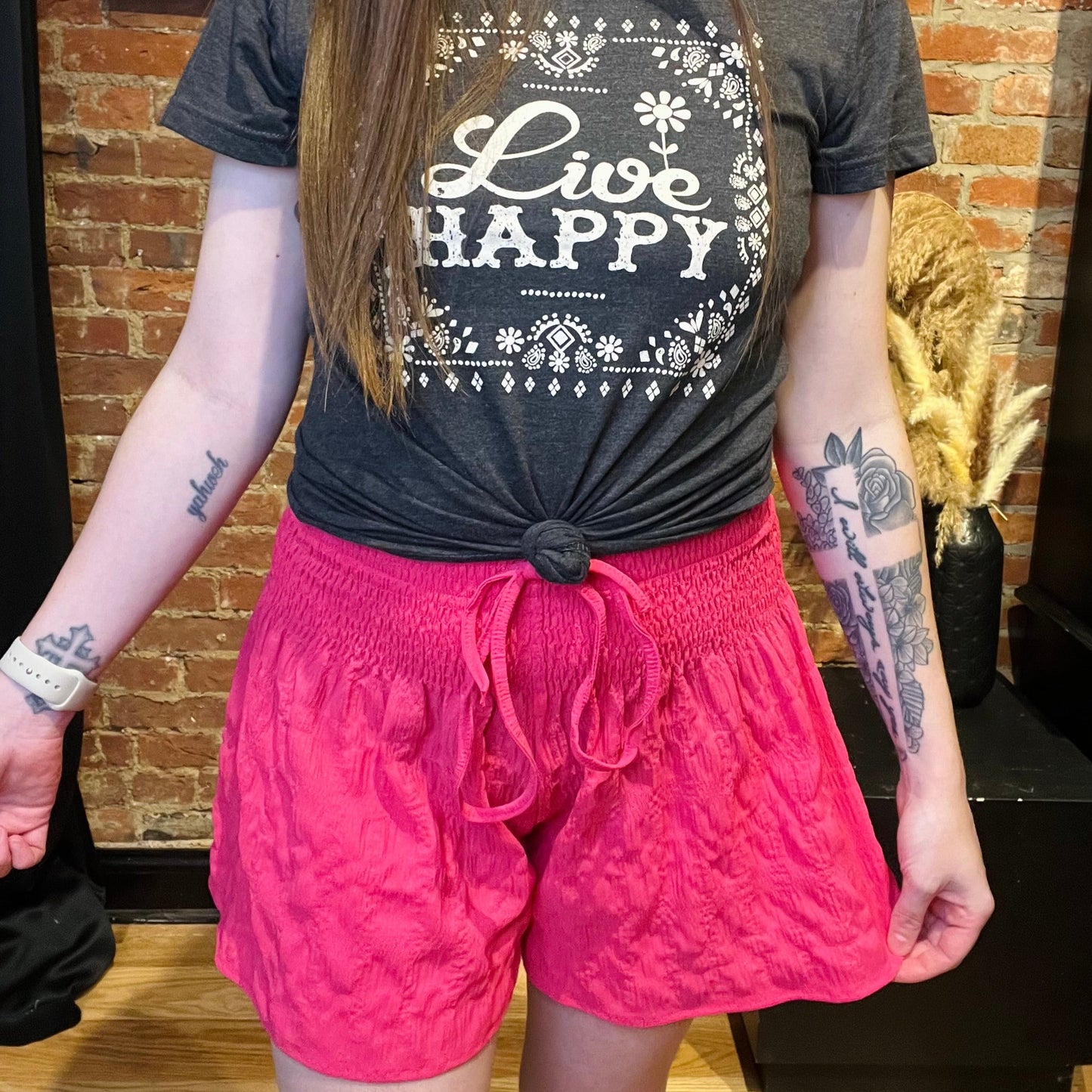Raspberry Polyester Smocked Shorts with Tie