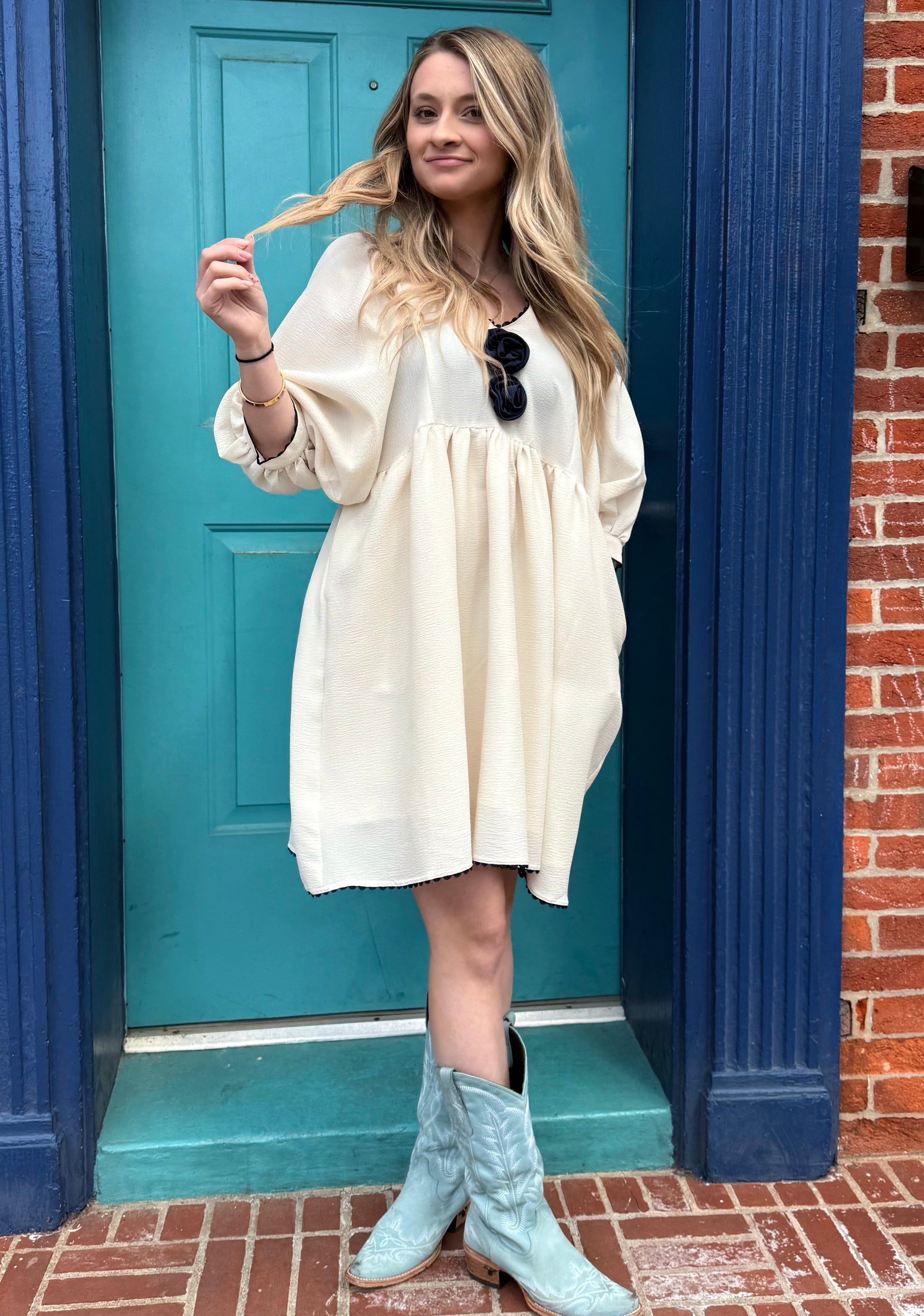 Cream Rosette Adorned V-Neck Mini Dress