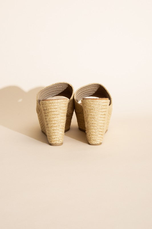 Tan Synthetic Raffia Wedge Platform Heel