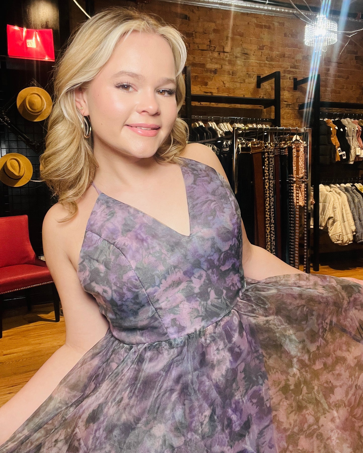 Purple Multi Organza Floral Mini Dress V Neckline and Above Knee Length