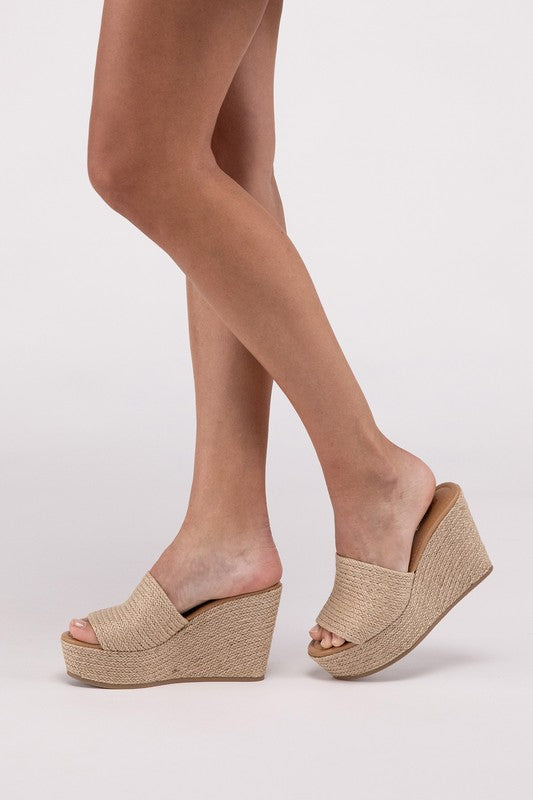 Tan Synthetic Raffia Wedge Platform Heel