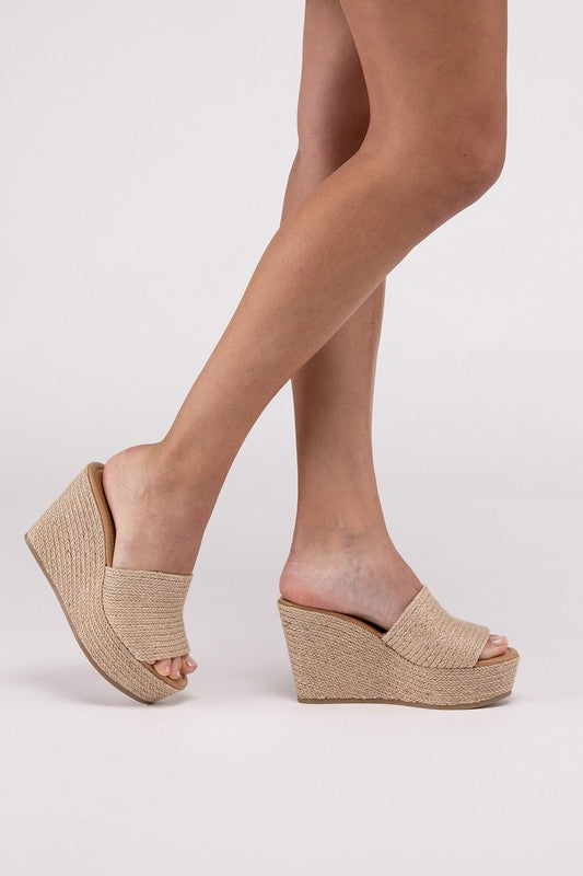 Tan Synthetic Raffia Wedge Platform Heel